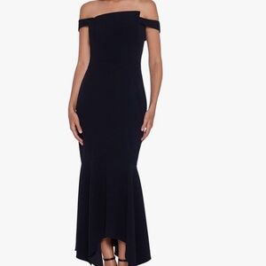 NWT Black Off-The-Shoulder Scuba Crepe Flounce Gown Dress 8
